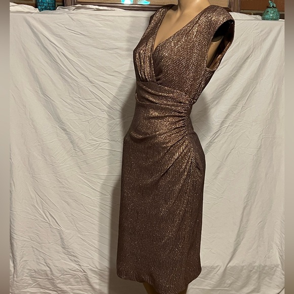 SOLD!  Sz 8 Ralph Lauren Golden Shimmer Textured Ruched Midi Dress - Picture 7 of 14